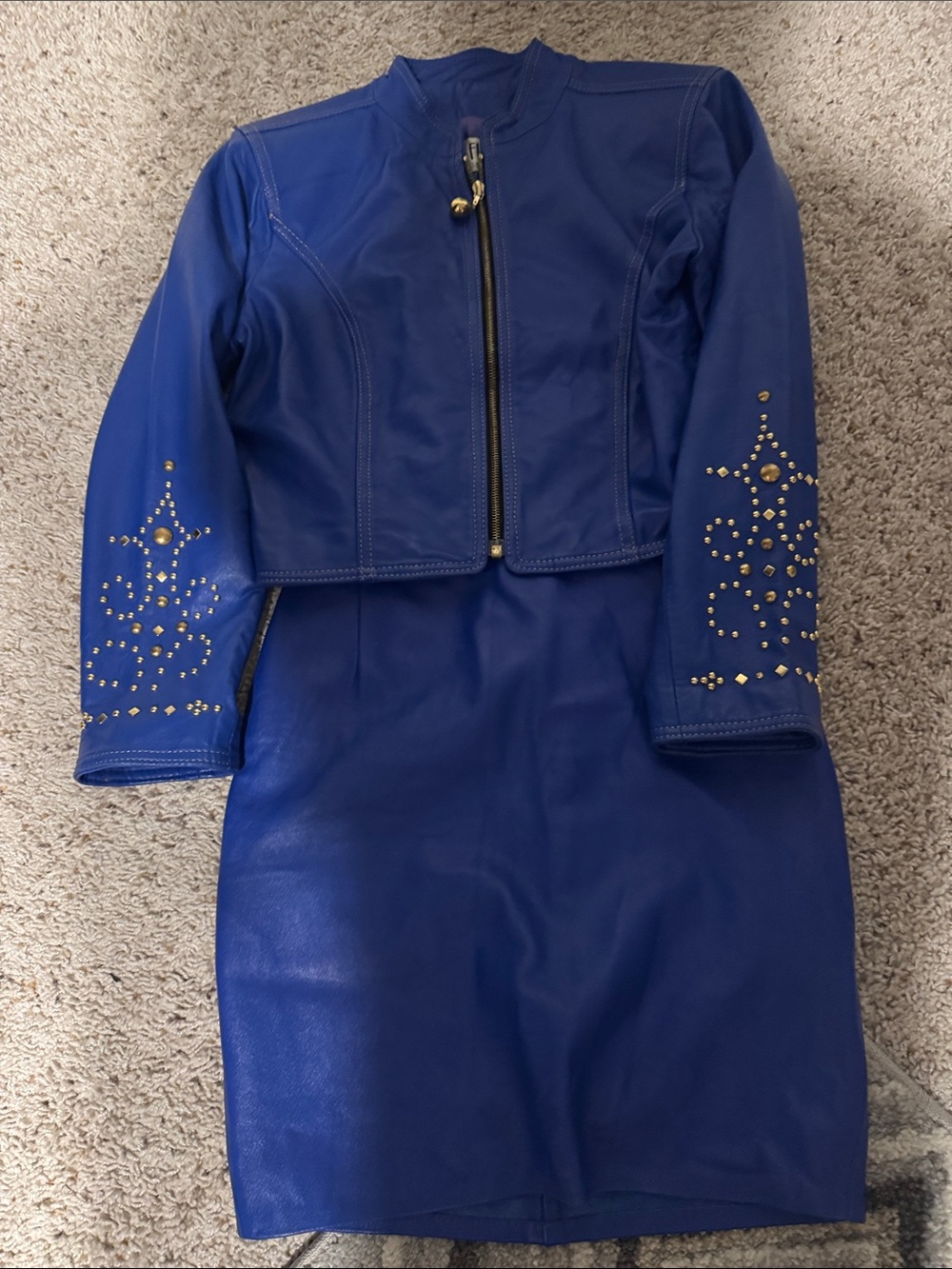 Women's Royal Blue Studded Leather Jacket and Dress Set